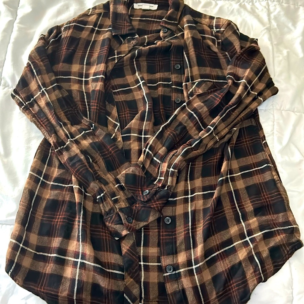 Dark Brown, Flannel, Button Down Shirt, Size XS